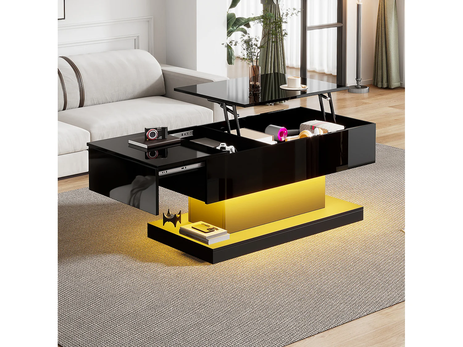 Table basse moderne avec LED, plateau hautement brillant, avec 2 tiroirs et design hydraulique (100x50x45 cm)