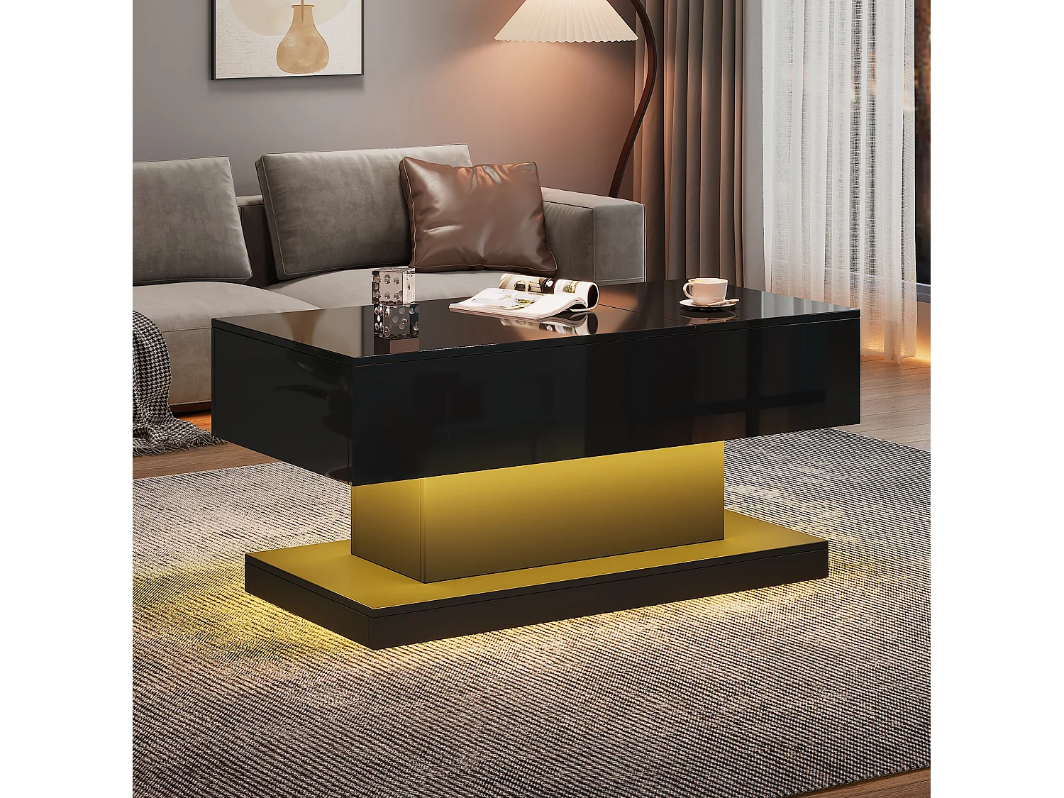 Table basse moderne avec LED, plateau hautement brillant, avec 2 tiroirs et design hydraulique (100x50x45 cm)