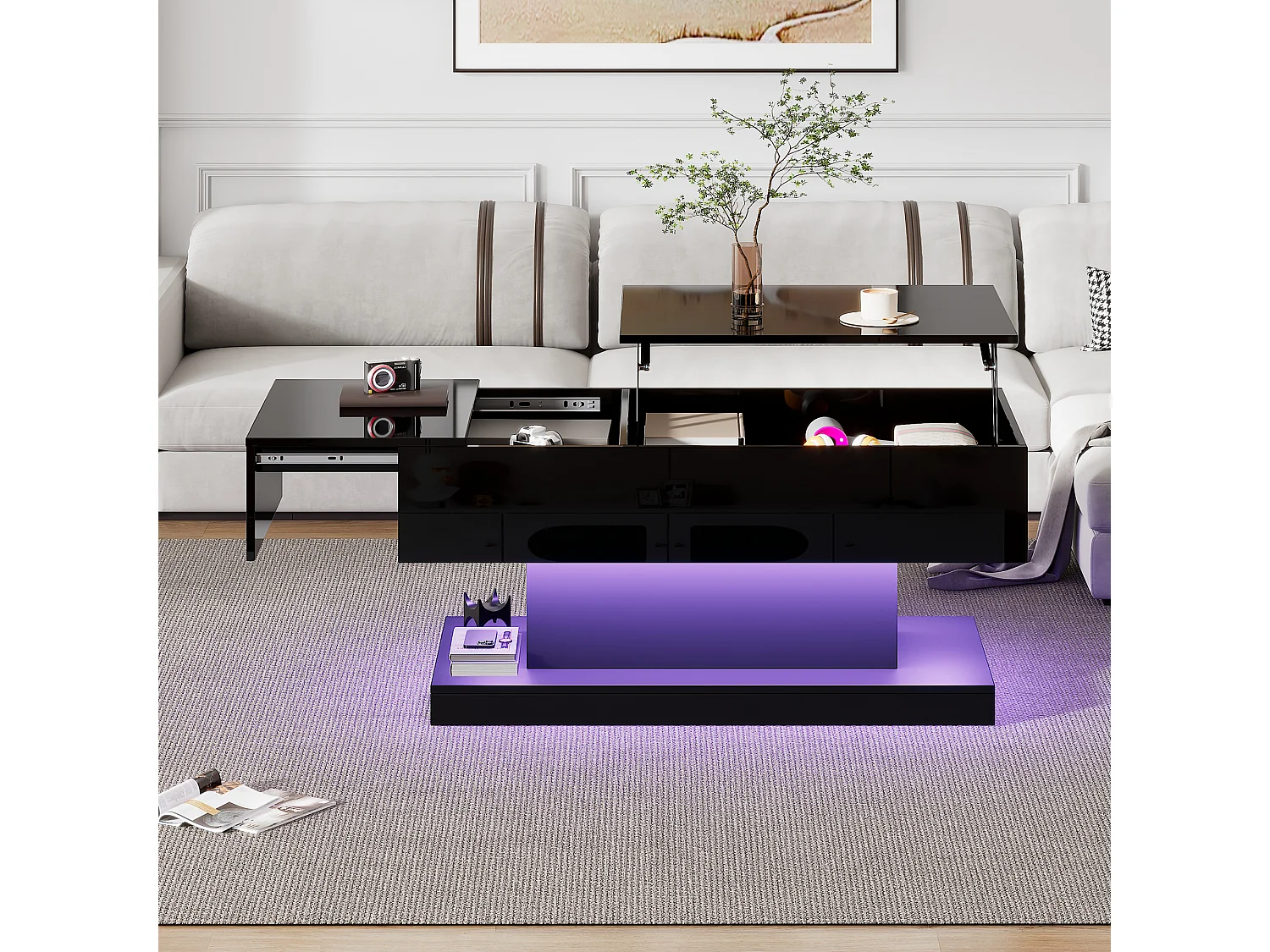 Table basse moderne avec LED, plateau hautement brillant, avec 2 tiroirs et design hydraulique (100x50x45 cm)