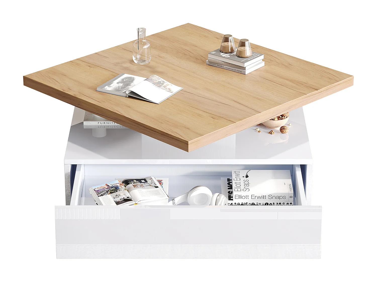 Table basse rotative 360° à 2 niveaux avec tiroir, plateau en noyer et structure blanc laqué, panneau de particules (70x70x36cm)