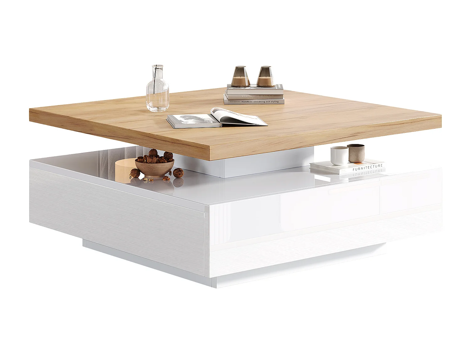 Table basse rotative 360° à 2 niveaux avec tiroir, plateau en noyer et structure blanc laqué, panneau de particules (70x70x36cm)
