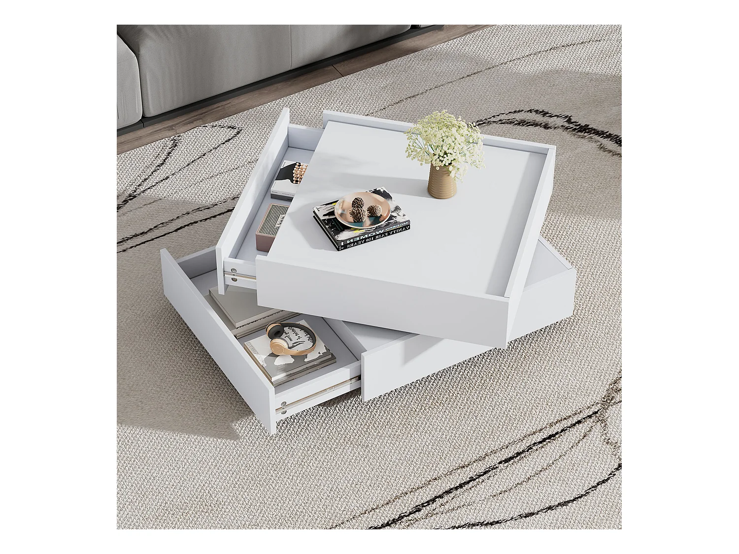 Table basse fonctionnelle rotative à 360°, 2 plateaux et rangement, panneau de particules blanc, (60x60x38cm)