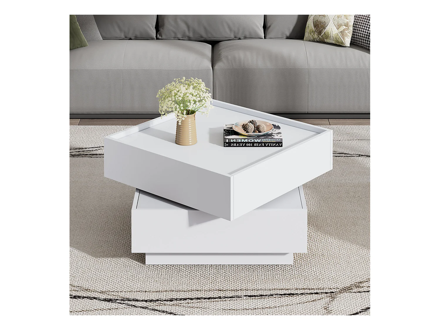 Table basse fonctionnelle rotative à 360°, 2 plateaux et rangement, panneau de particules blanc, (60x60x38cm)