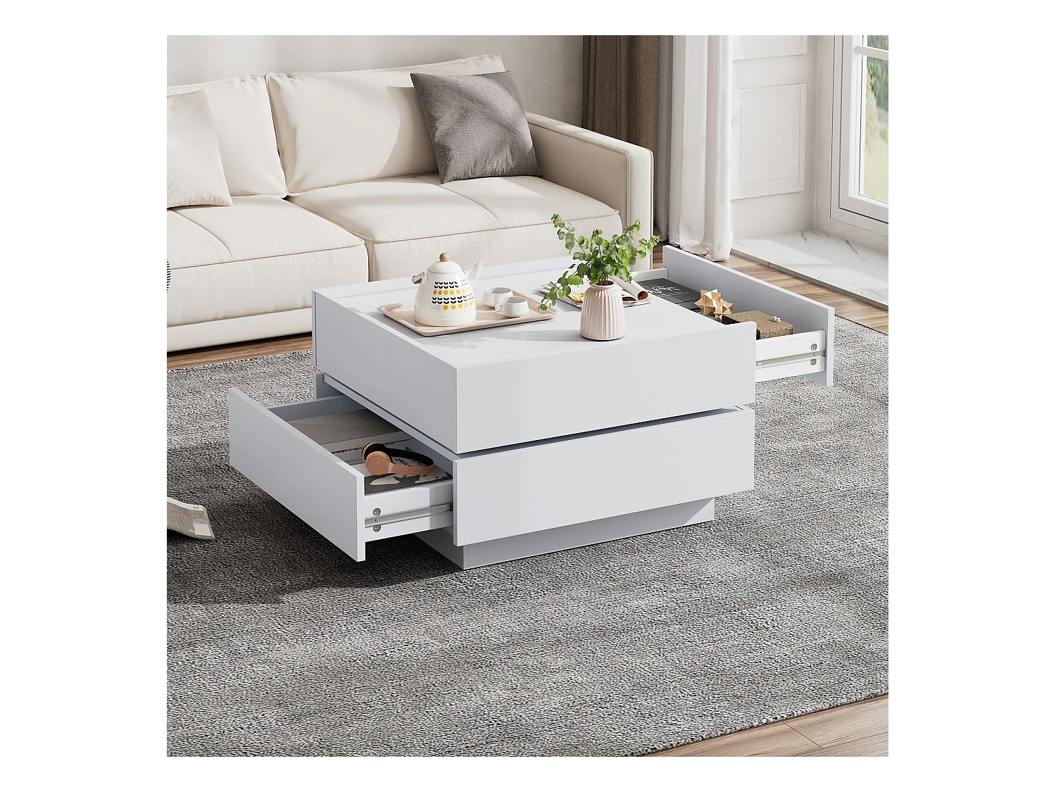 Table basse fonctionnelle rotative à 360°, 2 plateaux et rangement, panneau de particules blanc, (60x60x38cm)