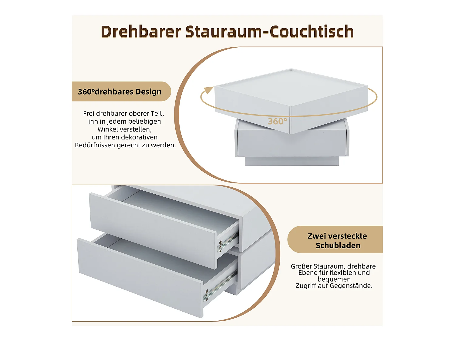 Table basse fonctionnelle rotative à 360°, 2 plateaux et rangement, panneau de particules blanc, (60x60x38cm)