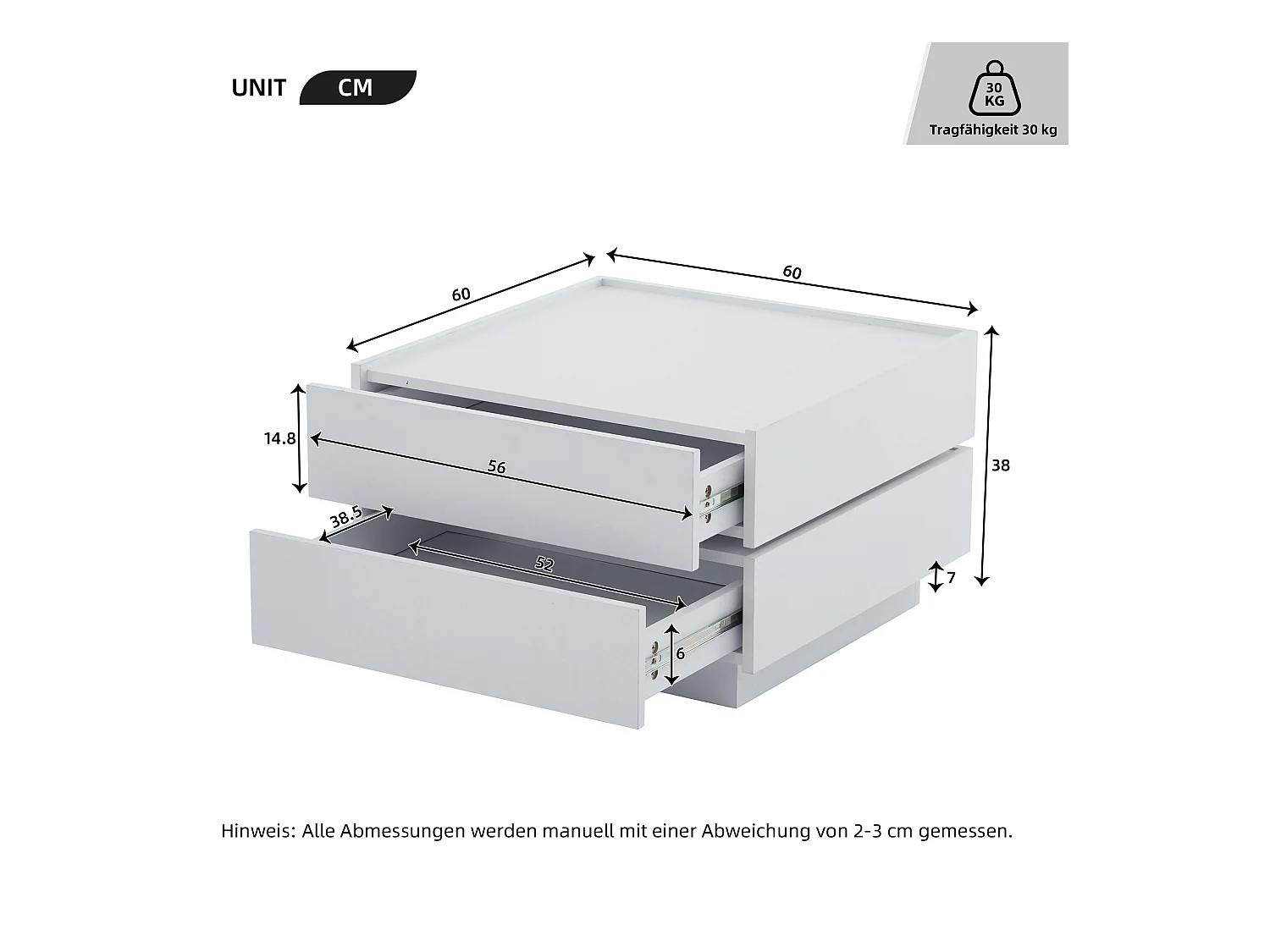 Table basse fonctionnelle rotative à 360°, 2 plateaux et rangement, panneau de particules blanc, (60x60x38cm)