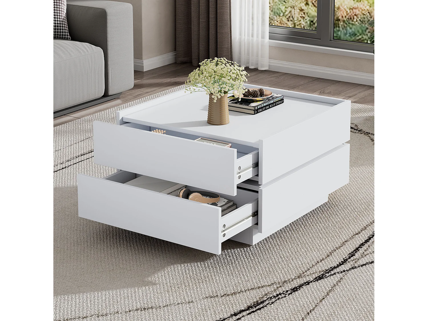 Table basse fonctionnelle rotative à 360°, 2 plateaux et rangement, panneau de particules blanc, (60x60x38cm)