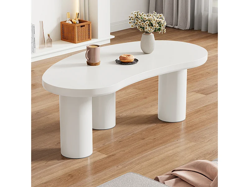 Tavolino da caffè a mezzaluna irregolare, design moderno, MDF e PVC, bianco (107x57x40,5cm)