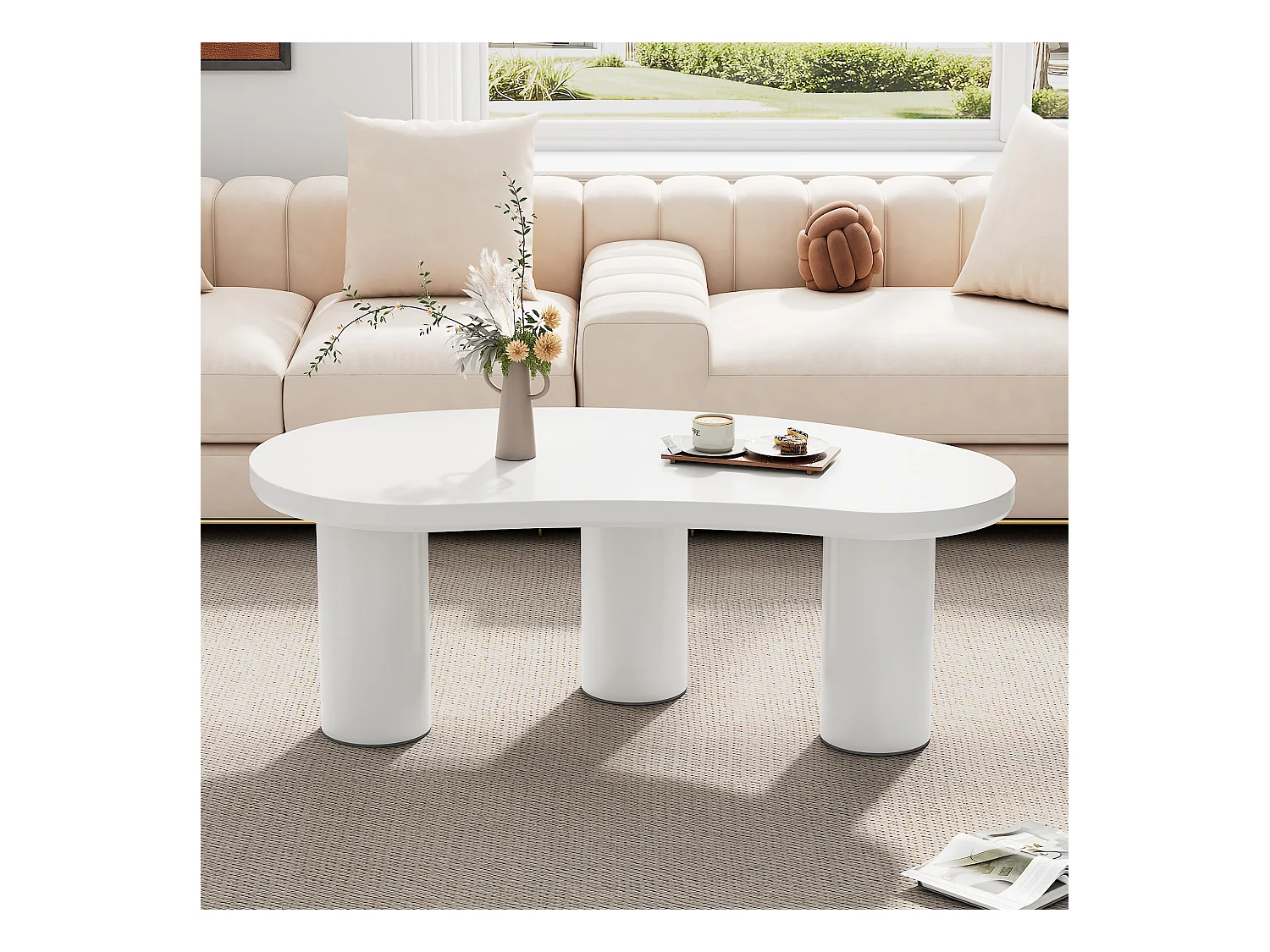 Table basse demi-lune irrégulière, design moderne, MDF et PVC, blanc (107x57x40.5cm)