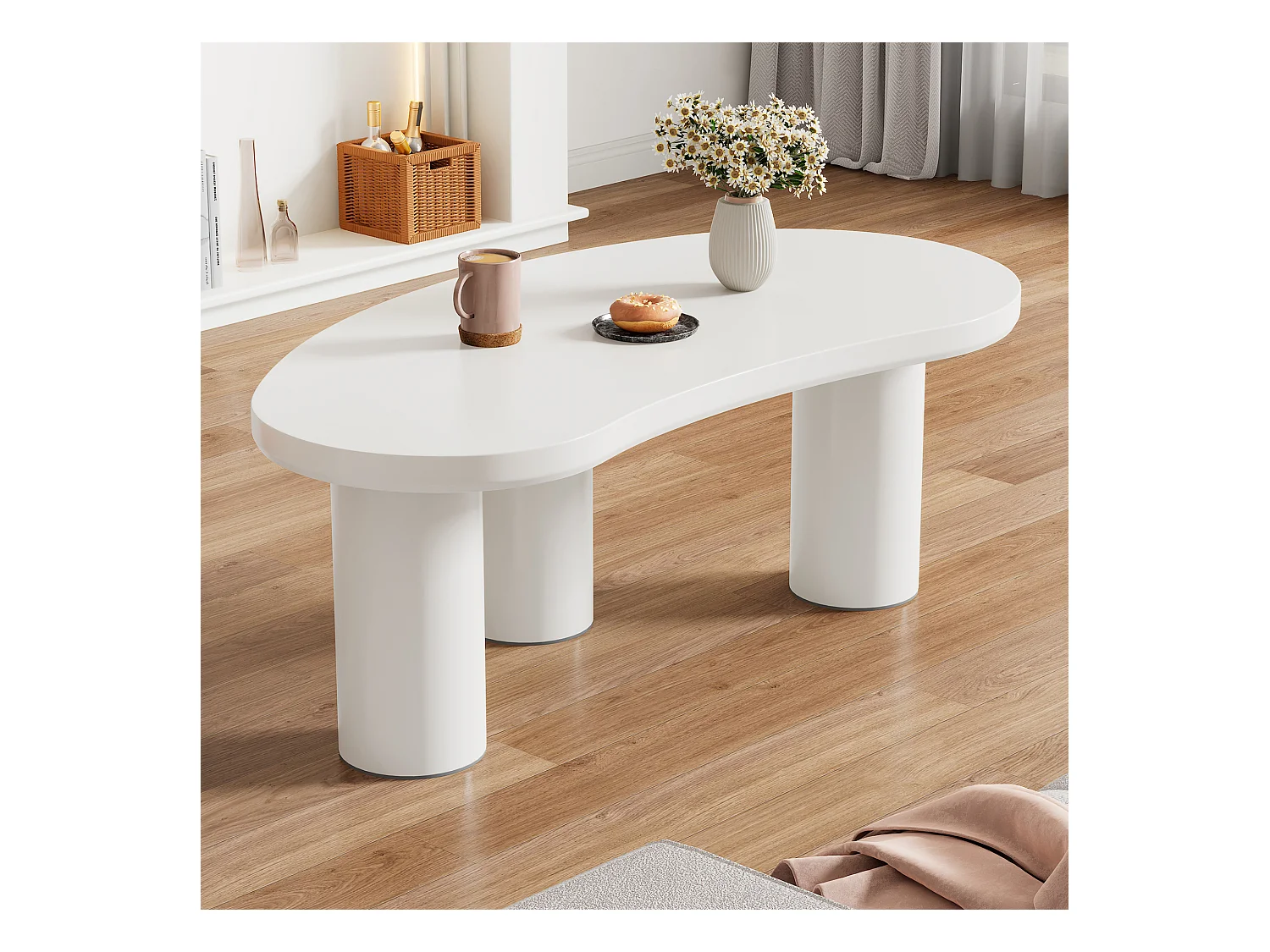 Table basse demi-lune irrégulière, design moderne, MDF et PVC, blanc (107x57x40.5cm)