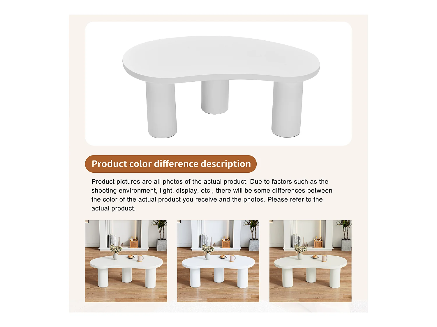 Table basse demi-lune irrégulière, design moderne, MDF et PVC, blanc (107x57x40.5cm)