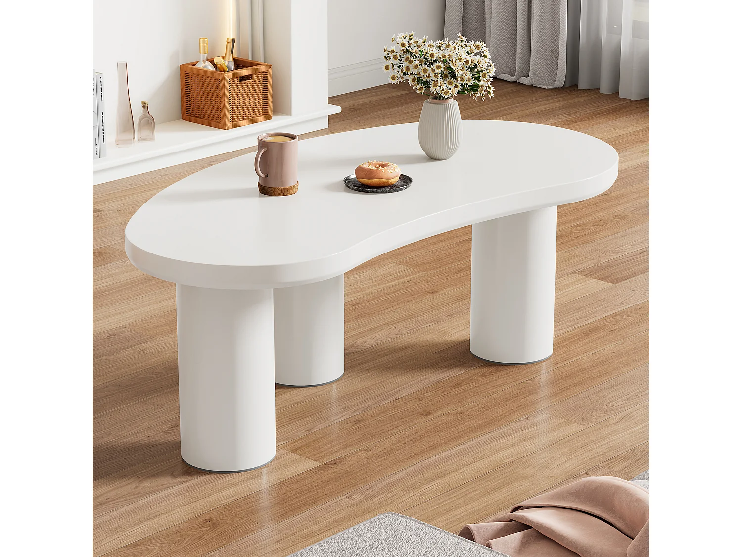 Table basse demi-lune irrégulière, design moderne, MDF et PVC, blanc (107x57x40.5cm)