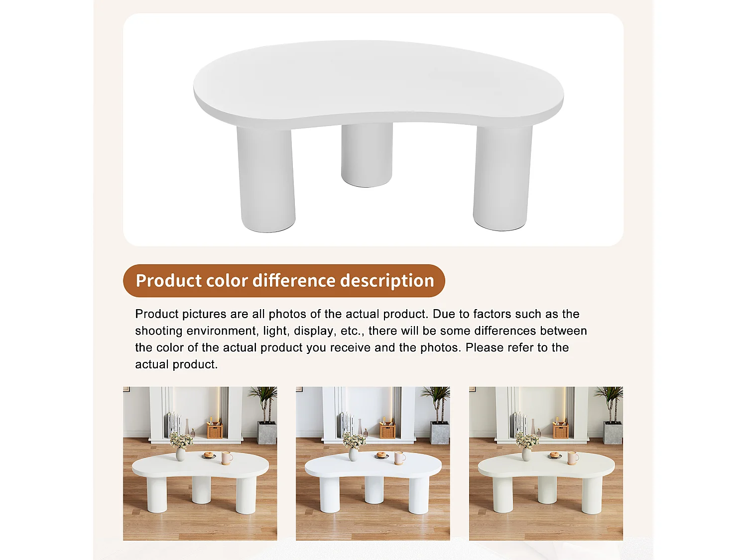 Table basse demi-lune irrégulière, design moderne, MDF et PVC, blanc (107x57x40.5cm)