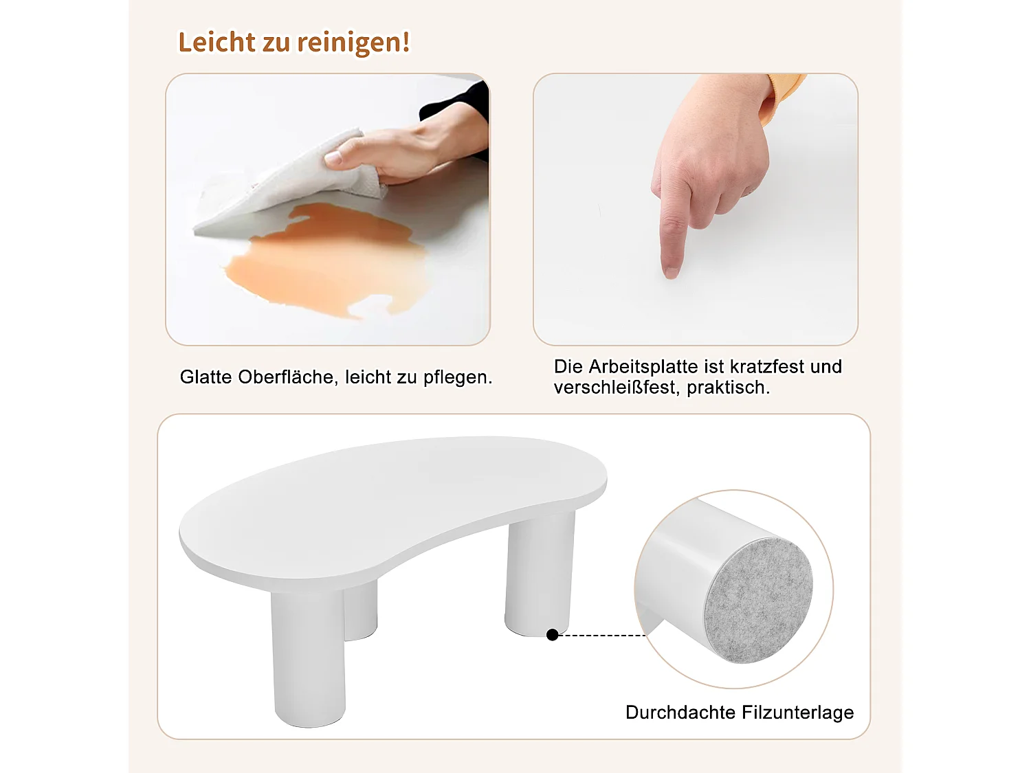 Table basse demi-lune irrégulière, design moderne, MDF et PVC, blanc (107x57x40.5cm)