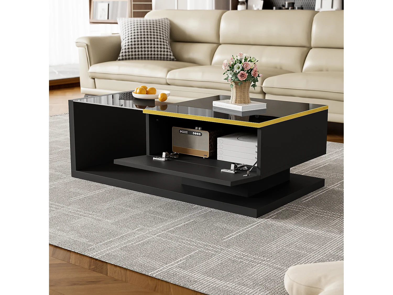 Moderne design salontafel met LED-verlichting, glazen blad en glanzend zwarte structuur, spaanplaat (90x50x32,5cm)