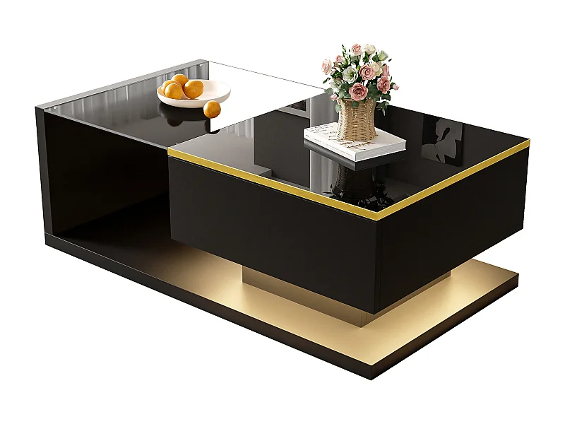 Moderne design salontafel met LED-verlichting, glazen blad en glanzend zwarte structuur, spaanplaat (90x50x32,5cm)