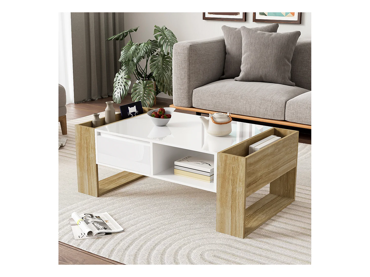 Table basse moderne avec surface haute brillance, rangement avec tiroirs, MDF blanc et bois, (105x60x40 cm)