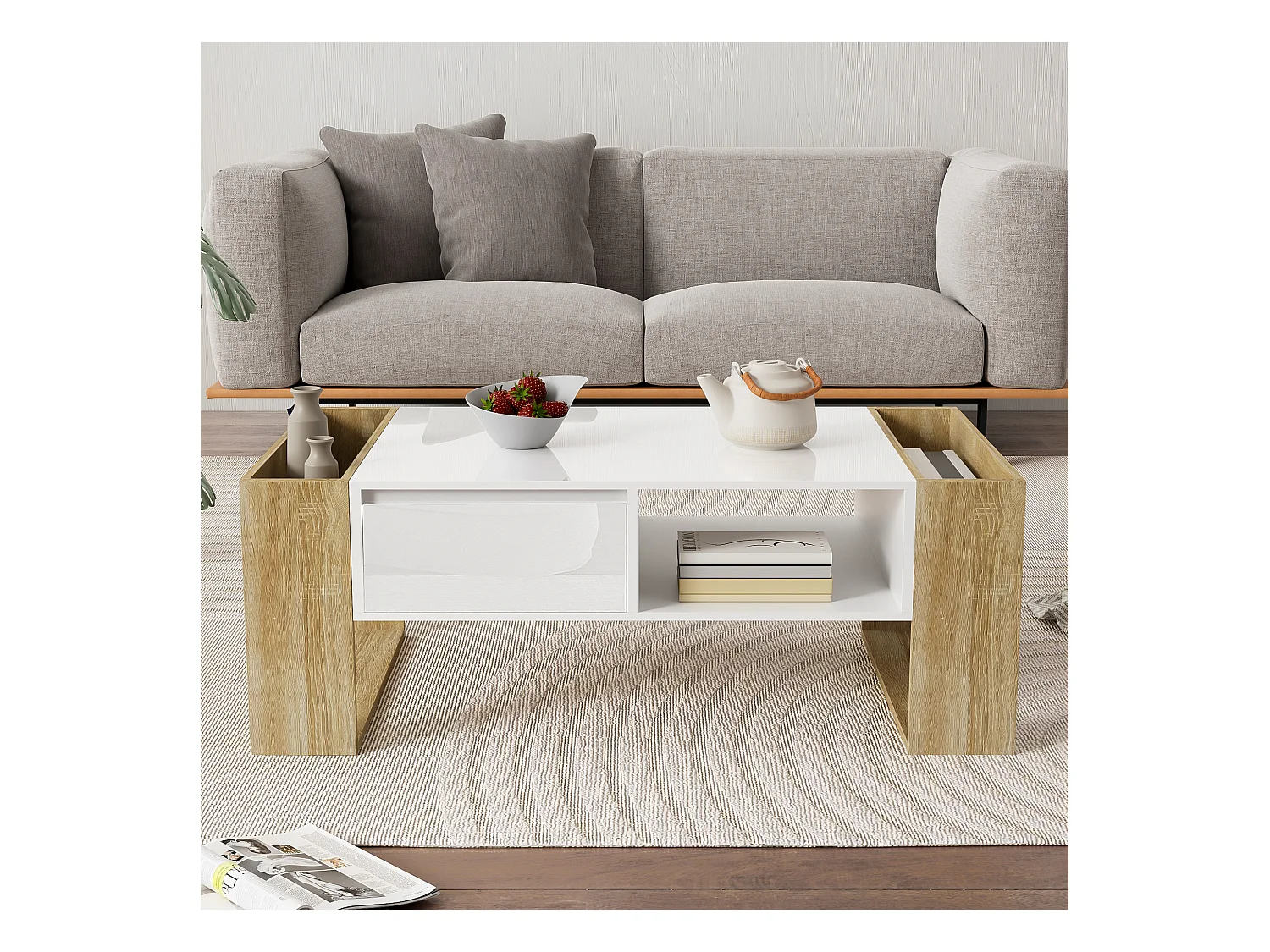 Table basse moderne avec surface haute brillance, rangement avec tiroirs, MDF blanc et bois, (105x60x40 cm)