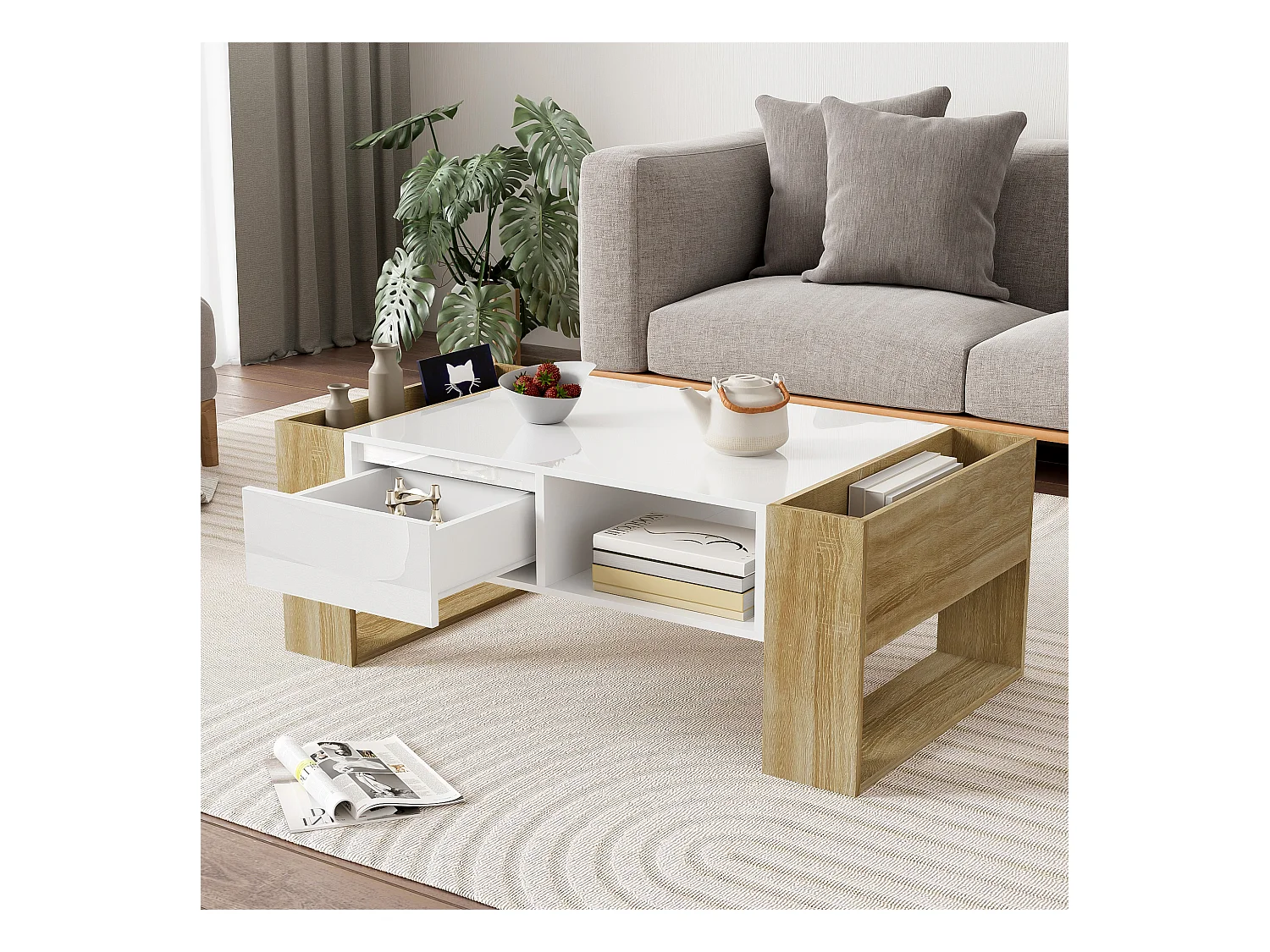 Table basse moderne avec surface haute brillance, rangement avec tiroirs, MDF blanc et bois, (105x60x40 cm)