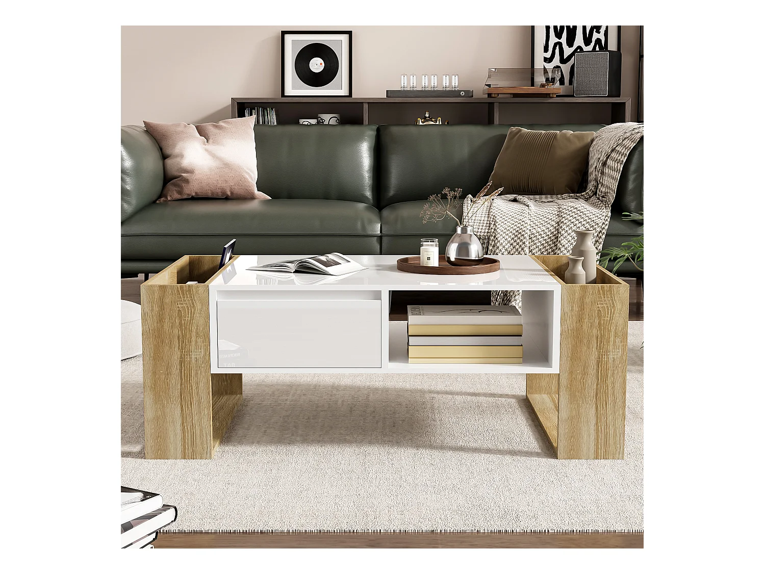 Table basse moderne avec surface haute brillance, rangement avec tiroirs, MDF blanc et bois, (105x60x40 cm)