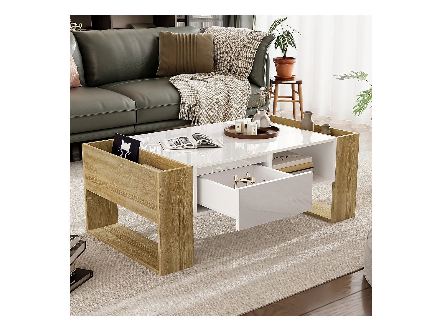 Table basse moderne avec surface haute brillance, rangement avec tiroirs, MDF blanc et bois, (105x60x40 cm)