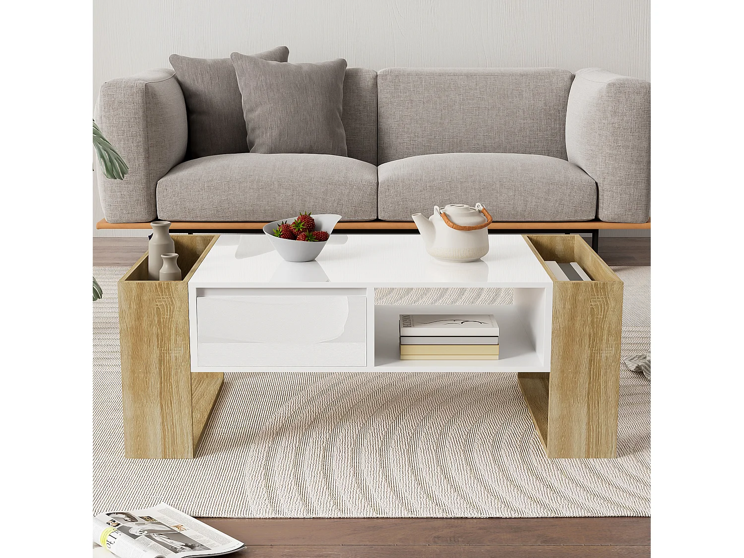 Table basse moderne avec surface haute brillance, rangement avec tiroirs, MDF blanc et bois, (105x60x40 cm)