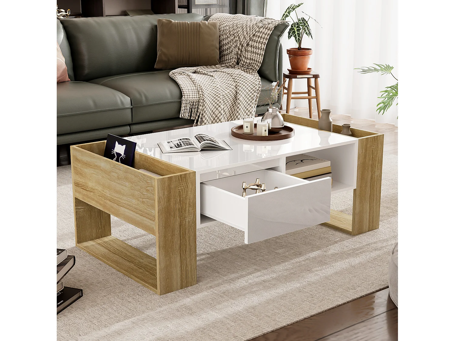 Table basse moderne avec surface haute brillance, rangement avec tiroirs, MDF blanc et bois, (105x60x40 cm)
