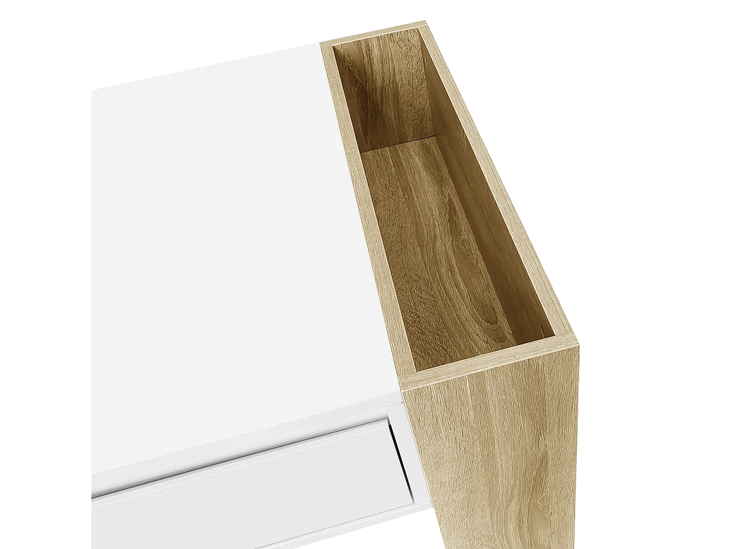 Table basse moderne avec surface haute brillance, rangement avec tiroirs, MDF blanc et bois, (105x60x40 cm)