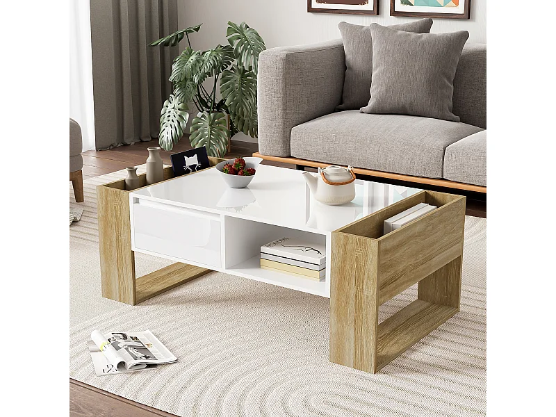 Table basse moderne avec surface haute brillance, rangement avec tiroirs, MDF blanc et bois, (105x60x40 cm)