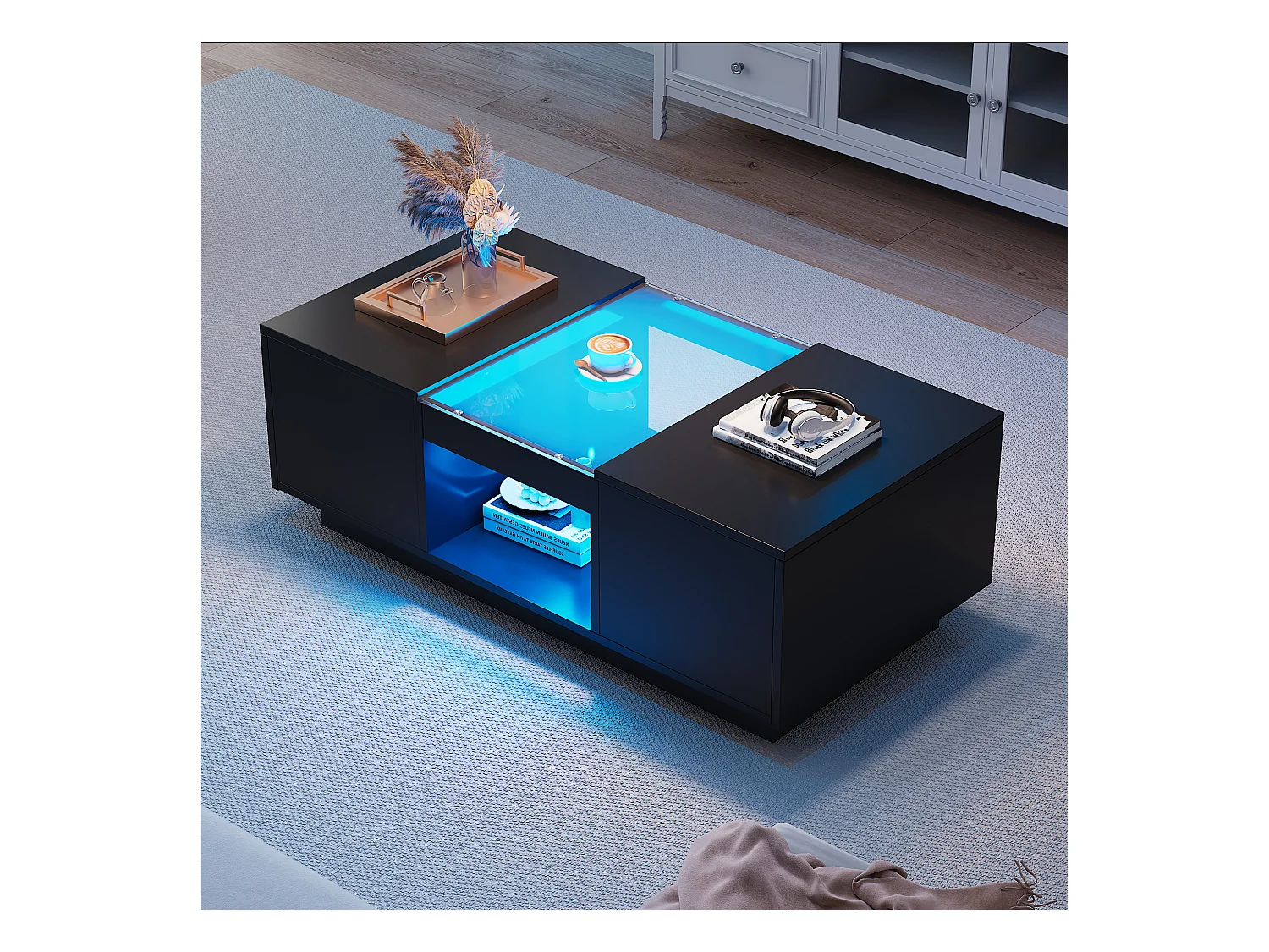 Table basse réglable, 100x50x35.5 cm, avec LED, 2 tiroirs et espace de rangement ouvert, contrôle via application Bluetooth, noire