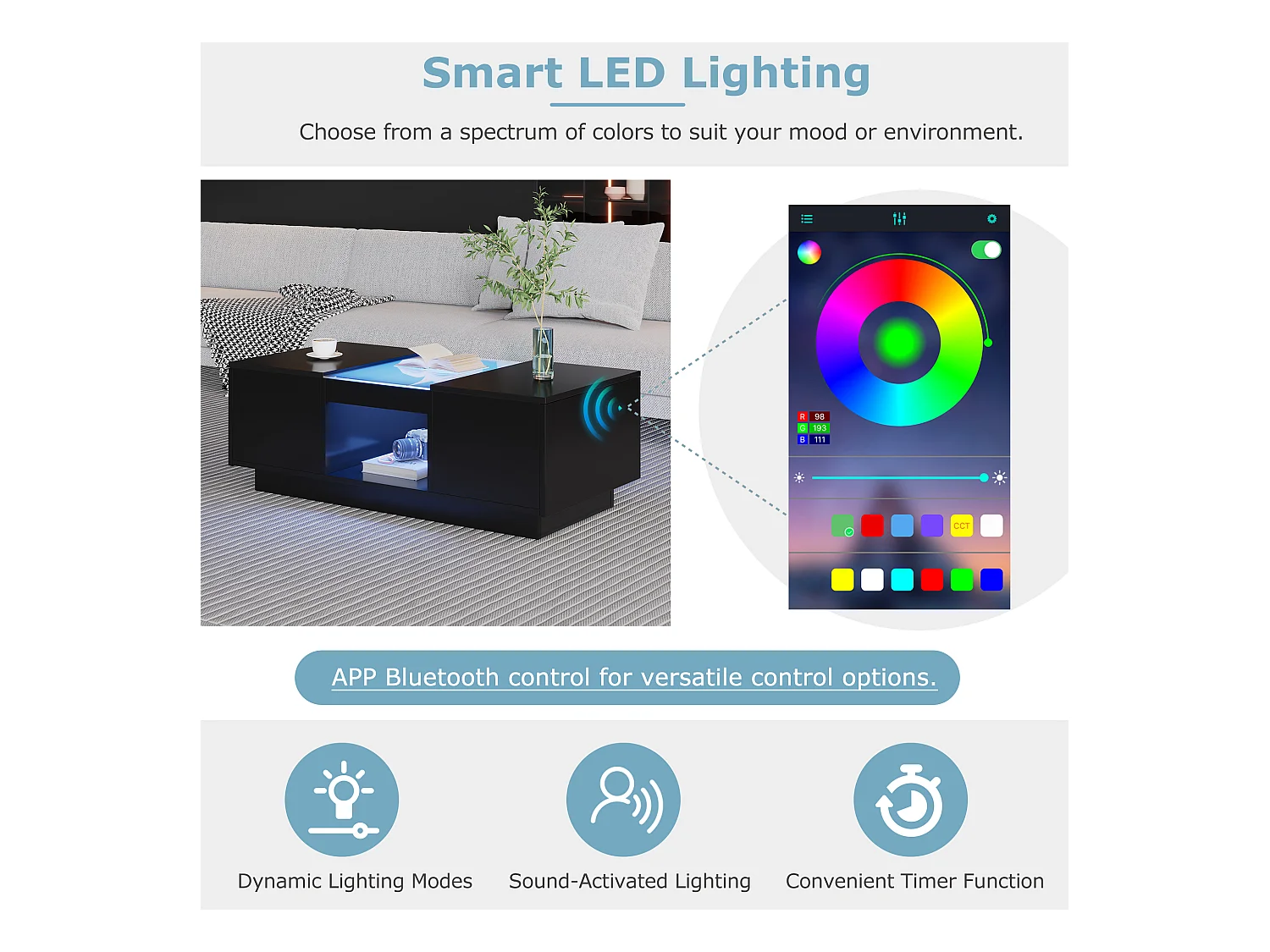 Table basse réglable, 100x50x35.5 cm, avec LED, 2 tiroirs et espace de rangement ouvert, contrôle via application Bluetooth, noire