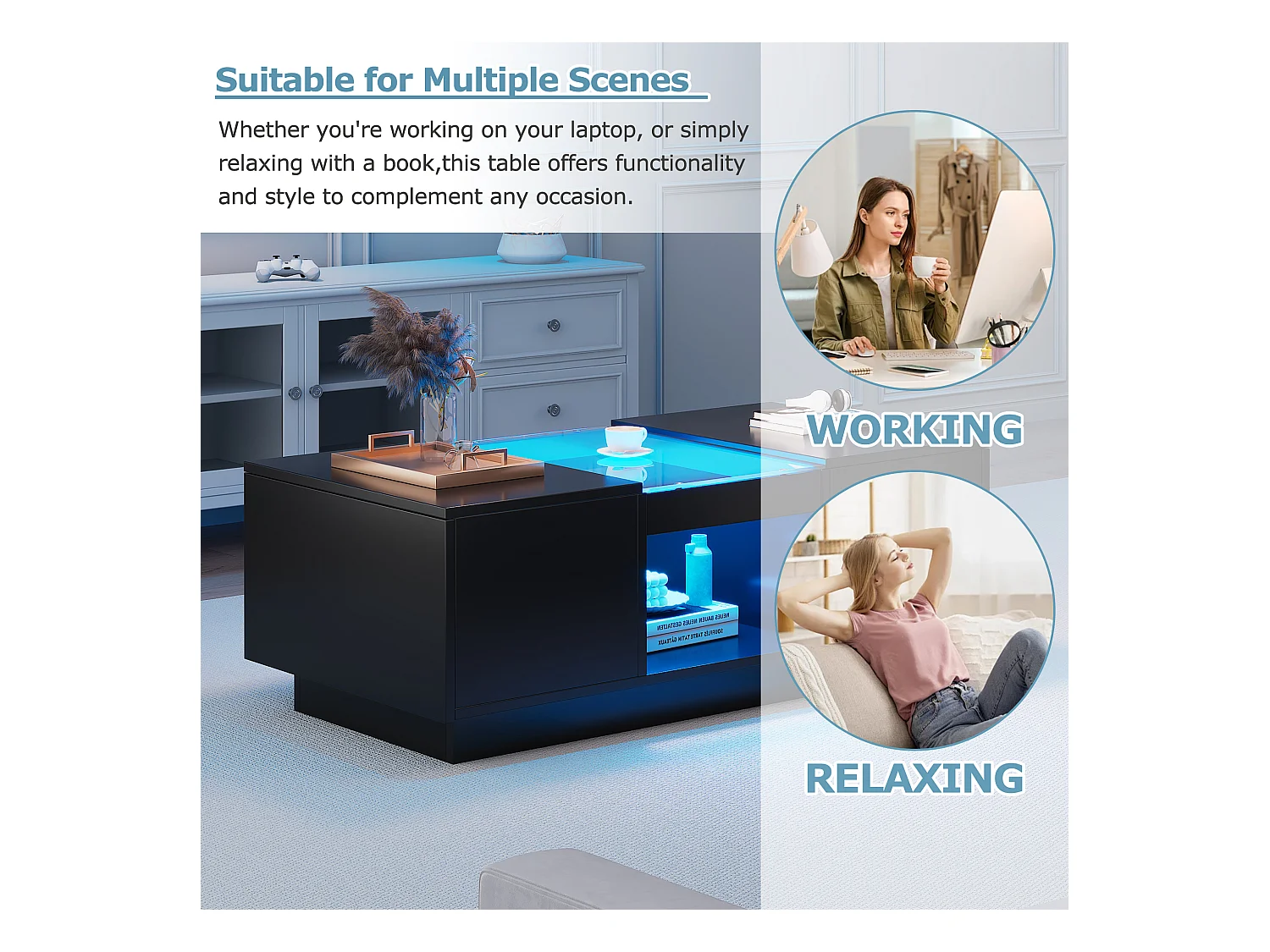 Table basse réglable, 100x50x35.5 cm, avec LED, 2 tiroirs et espace de rangement ouvert, contrôle via application Bluetooth, noire