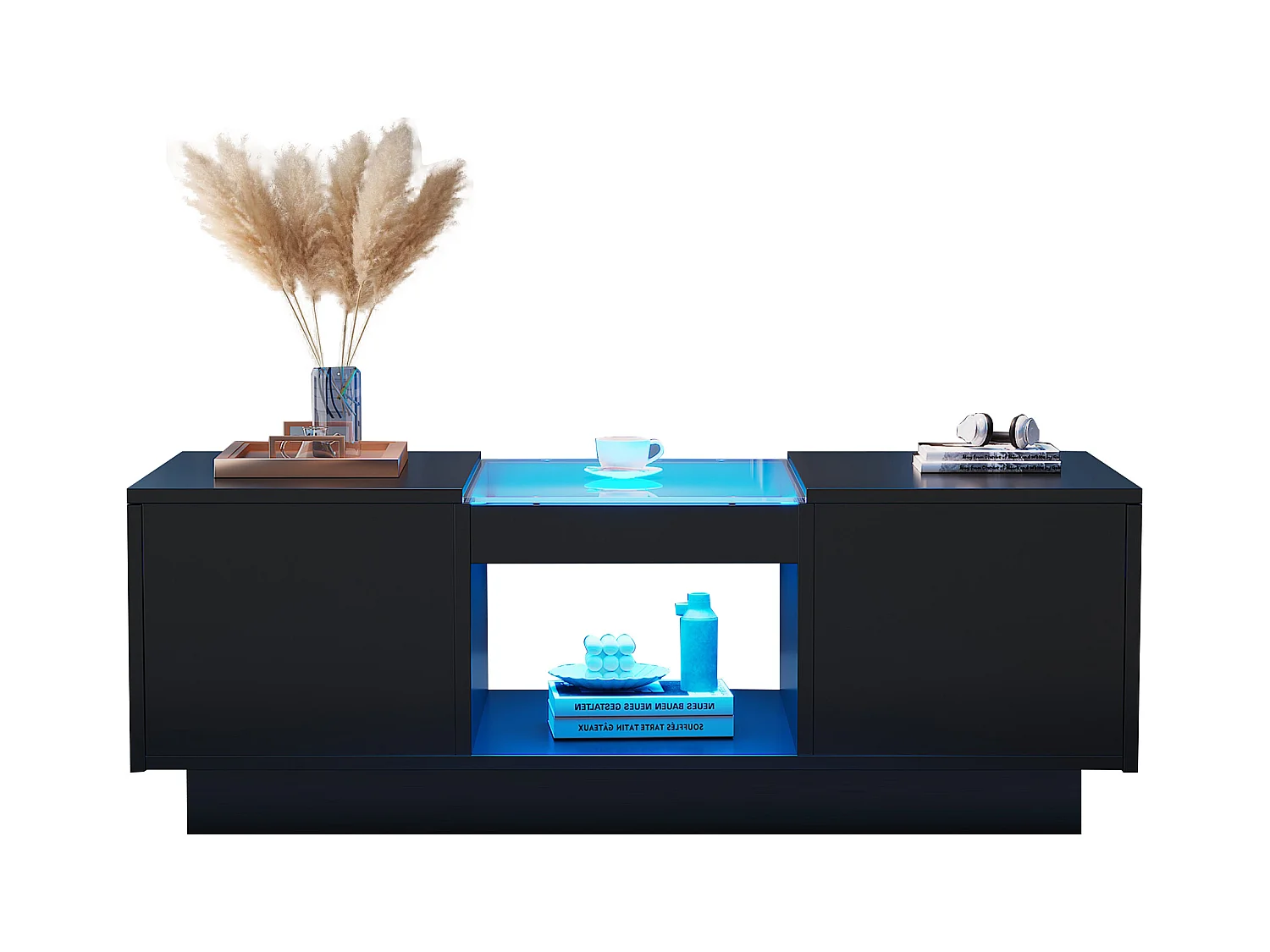 Table basse réglable, 100x50x35.5 cm, avec LED, 2 tiroirs et espace de rangement ouvert, contrôle via application Bluetooth, noire