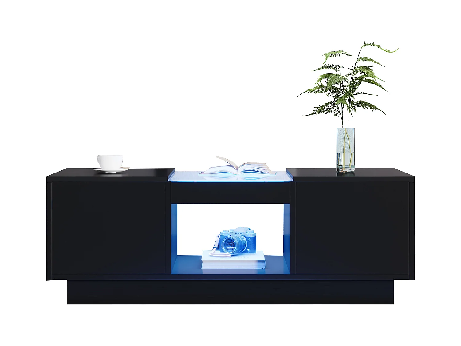 Table basse réglable, 100x50x35.5 cm, avec LED, 2 tiroirs et espace de rangement ouvert, contrôle via application Bluetooth, noire