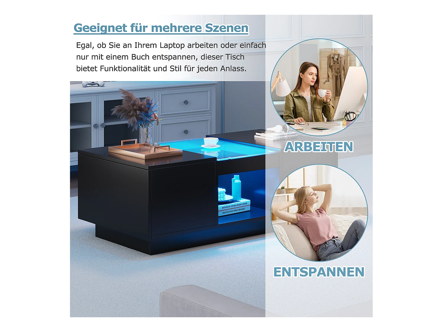 Table basse réglable, 100x50x35.5 cm, avec LED, 2 tiroirs et espace de rangement ouvert, contrôle via application Bluetooth, noire