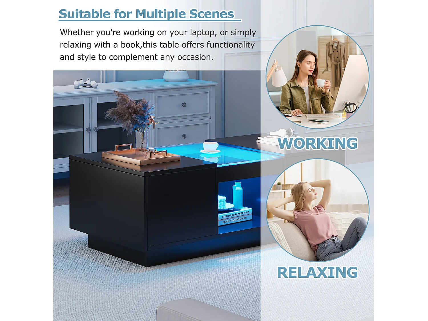 Table basse réglable, 100x50x35.5 cm, avec LED, 2 tiroirs et espace de rangement ouvert, contrôle via application Bluetooth, noire