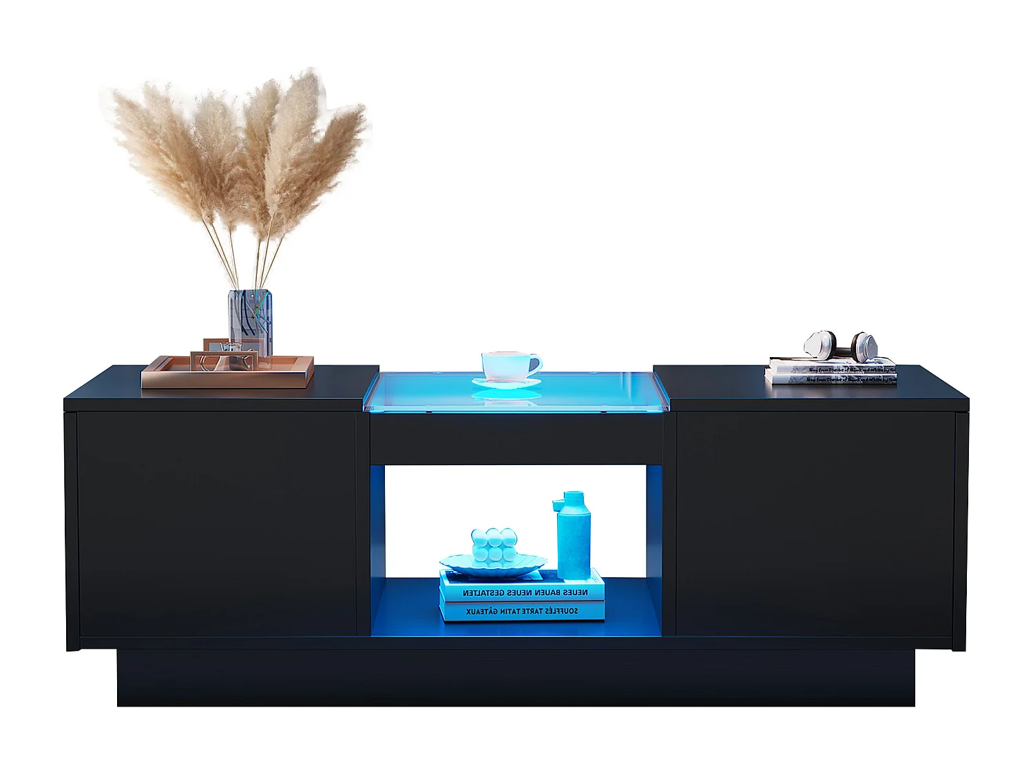 Table basse réglable, 100x50x35.5 cm, avec LED, 2 tiroirs et espace de rangement ouvert, contrôle via application Bluetooth, noire