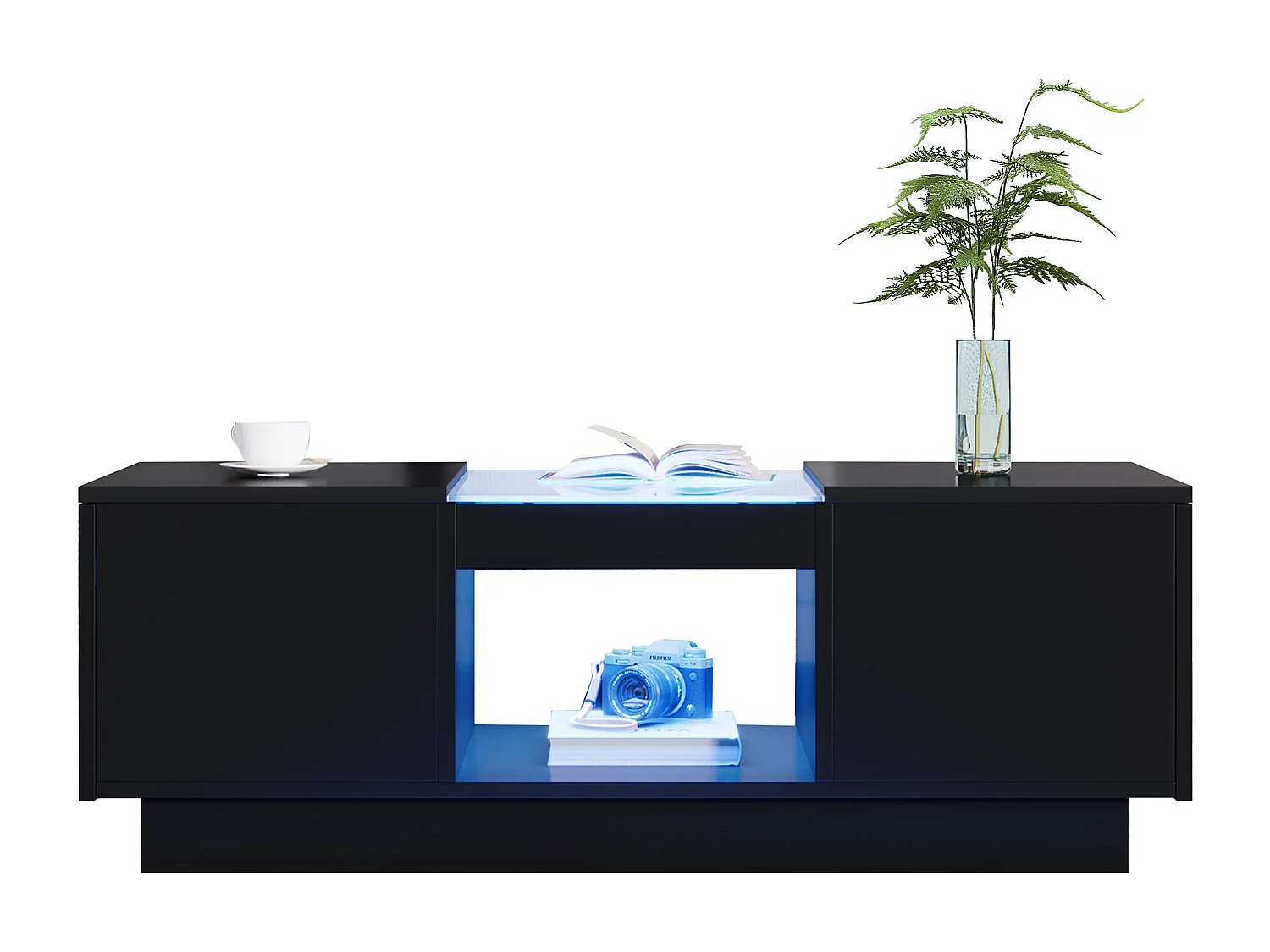 Table basse réglable, 100x50x35.5 cm, avec LED, 2 tiroirs et espace de rangement ouvert, contrôle via application Bluetooth, noire