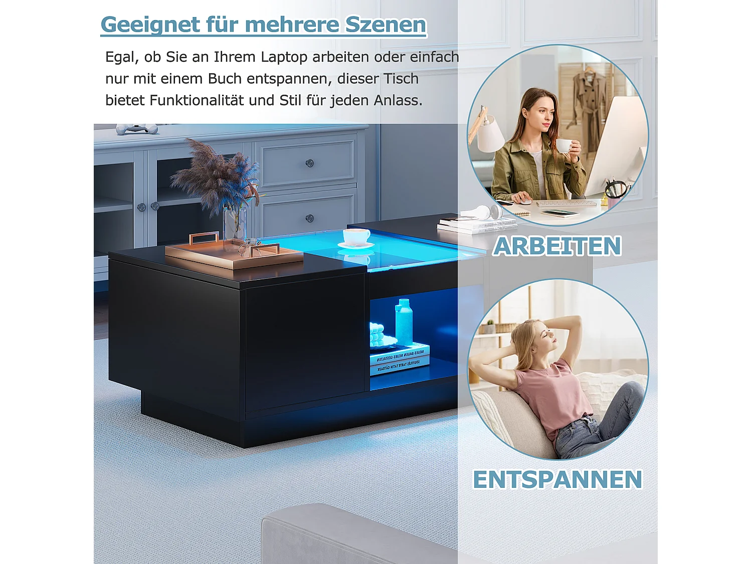 Table basse réglable, 100x50x35.5 cm, avec LED, 2 tiroirs et espace de rangement ouvert, contrôle via application Bluetooth, noire