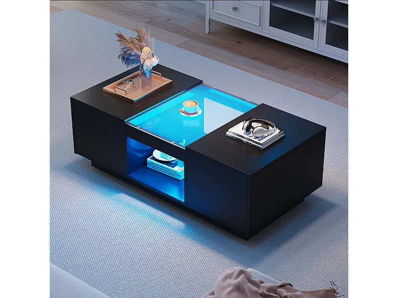 Table basse réglable, 100x50x35.5 cm, avec LED, 2 tiroirs et espace de rangement ouvert, contrôle via application Bluetooth, noire