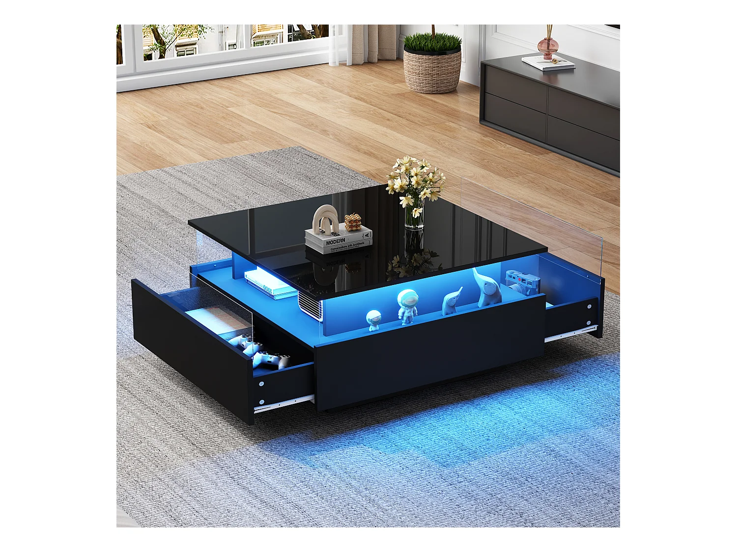 Table basse moderne avec éclairage LED, design hautement brillant, 2 tiroirs, matériaux en MDF, noir (70x70x41 cm)