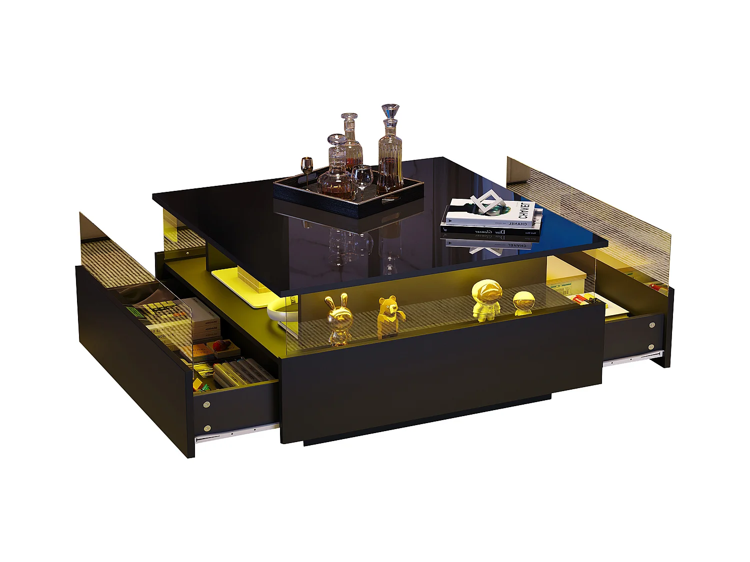 Table basse moderne avec éclairage LED, design hautement brillant, 2 tiroirs, matériaux en MDF, noir (70x70x41 cm)