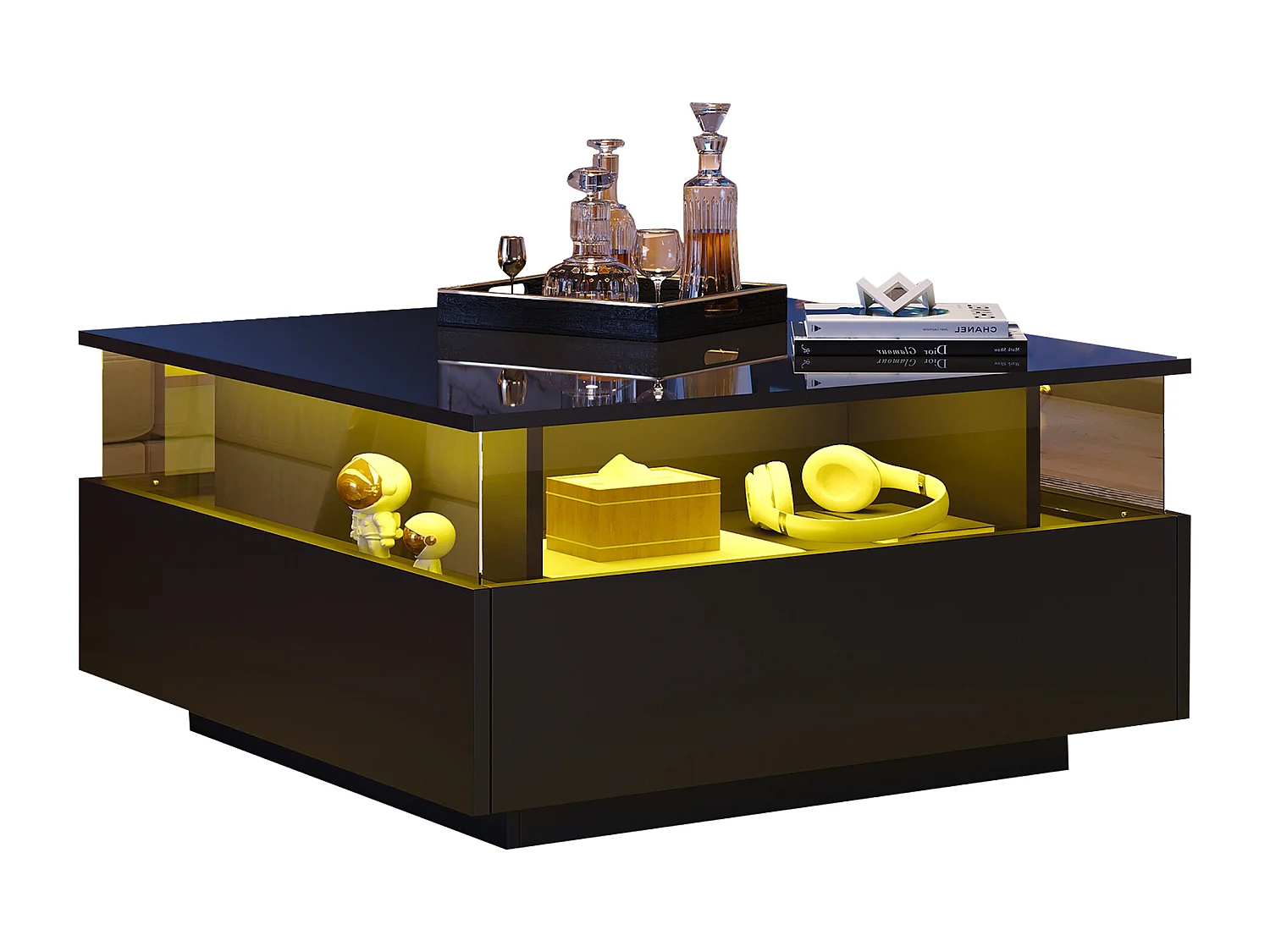 Table basse moderne avec éclairage LED, design hautement brillant, 2 tiroirs, matériaux en MDF, noir (70x70x41 cm)