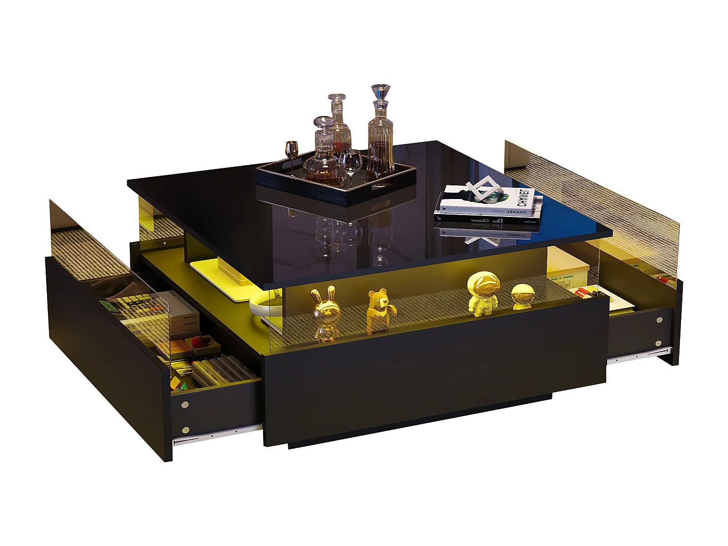 Table basse moderne avec éclairage LED, design hautement brillant, 2 tiroirs, matériaux en MDF, noir (70x70x41 cm)