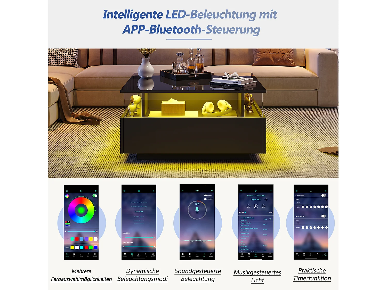 Table basse moderne avec éclairage LED, design hautement brillant, 2 tiroirs, matériaux en MDF, noir (70x70x41 cm)