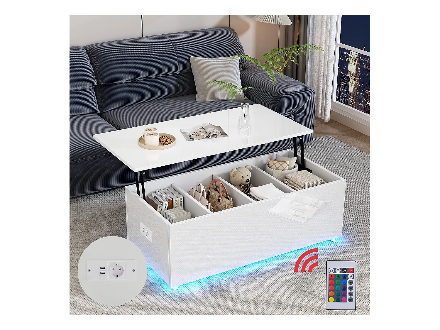 Table basse moderne blanche laquée avec éclairage LED et rangement caché, panneau de particules, (100x50x35 cm)