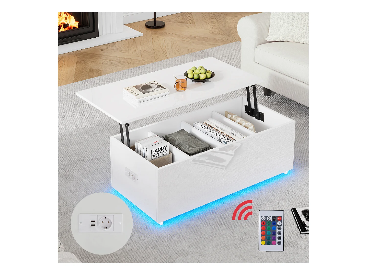 Table basse moderne blanche laquée avec éclairage LED et rangement caché, panneau de particules, (100x50x35 cm)