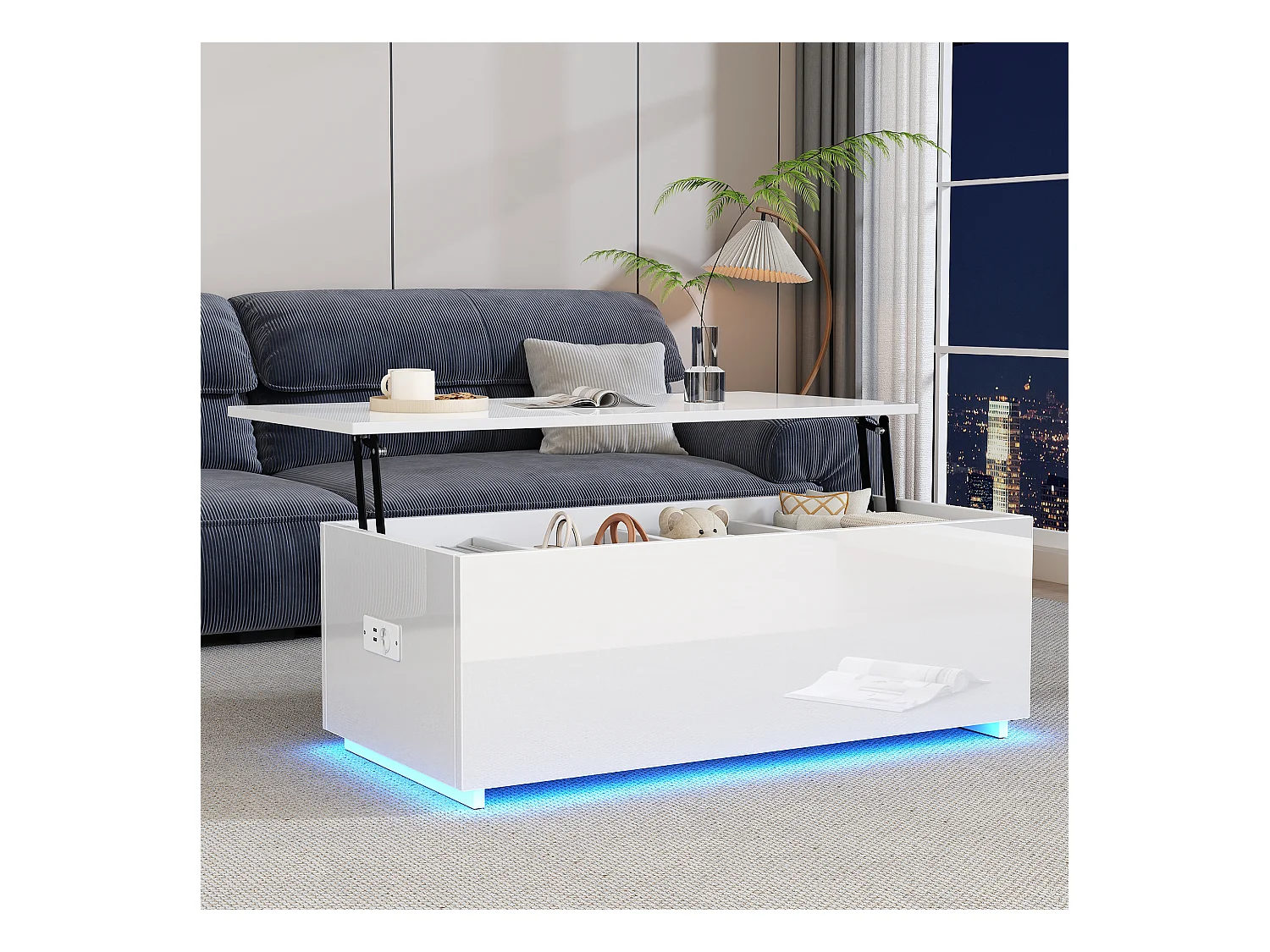 Table basse moderne blanche laquée avec éclairage LED et rangement caché, panneau de particules, (100x50x35 cm)