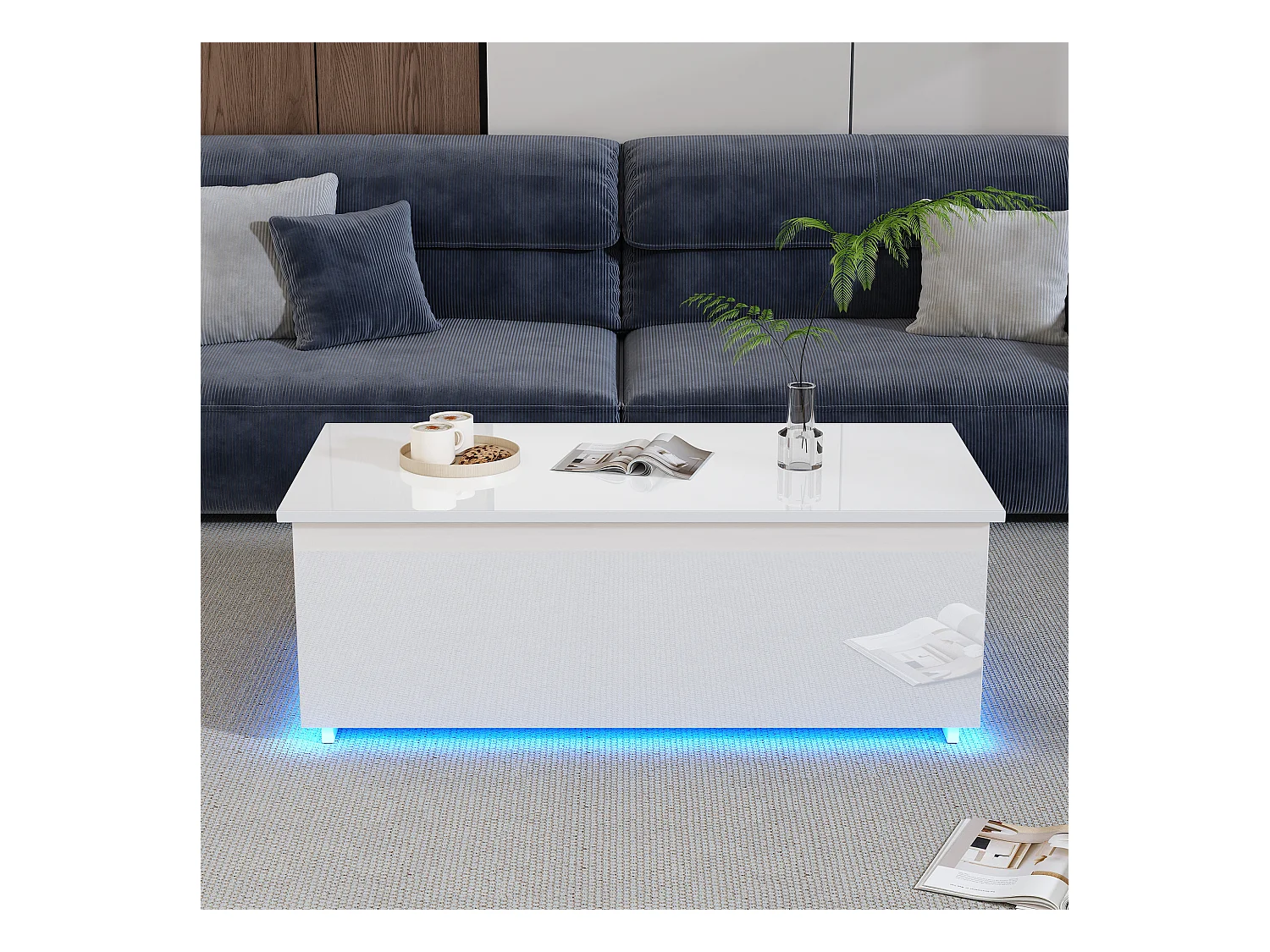 Table basse moderne blanche laquée avec éclairage LED et rangement caché, panneau de particules, (100x50x35 cm)