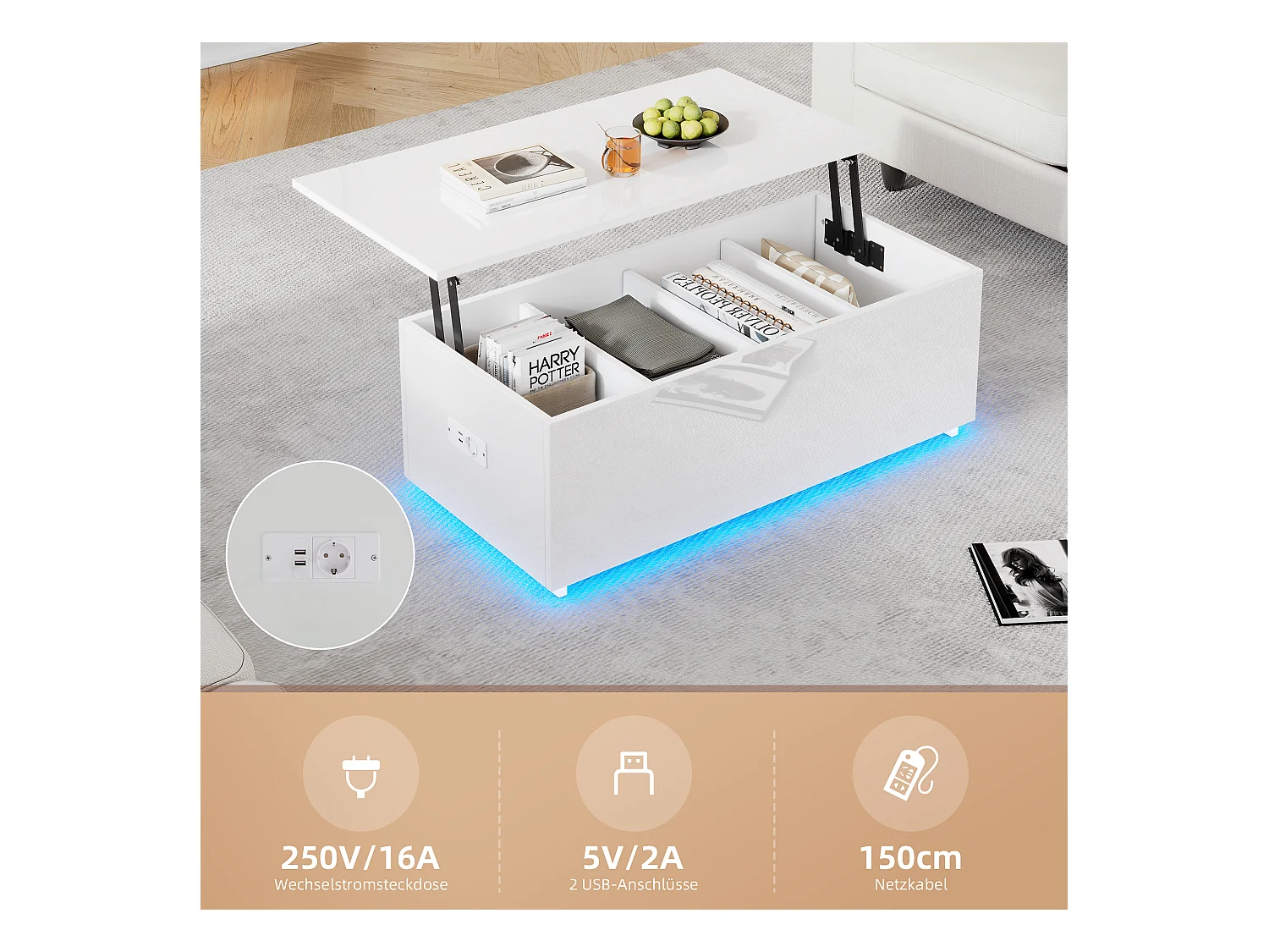 Table basse moderne blanche laquée avec éclairage LED et rangement caché, panneau de particules, (100x50x35 cm)